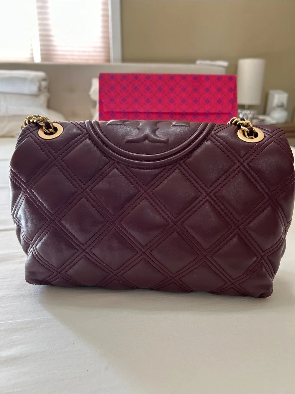 Tory Burch Fleming Quilted Convertible Shoulder Bag in Burgundy with Gold Chain